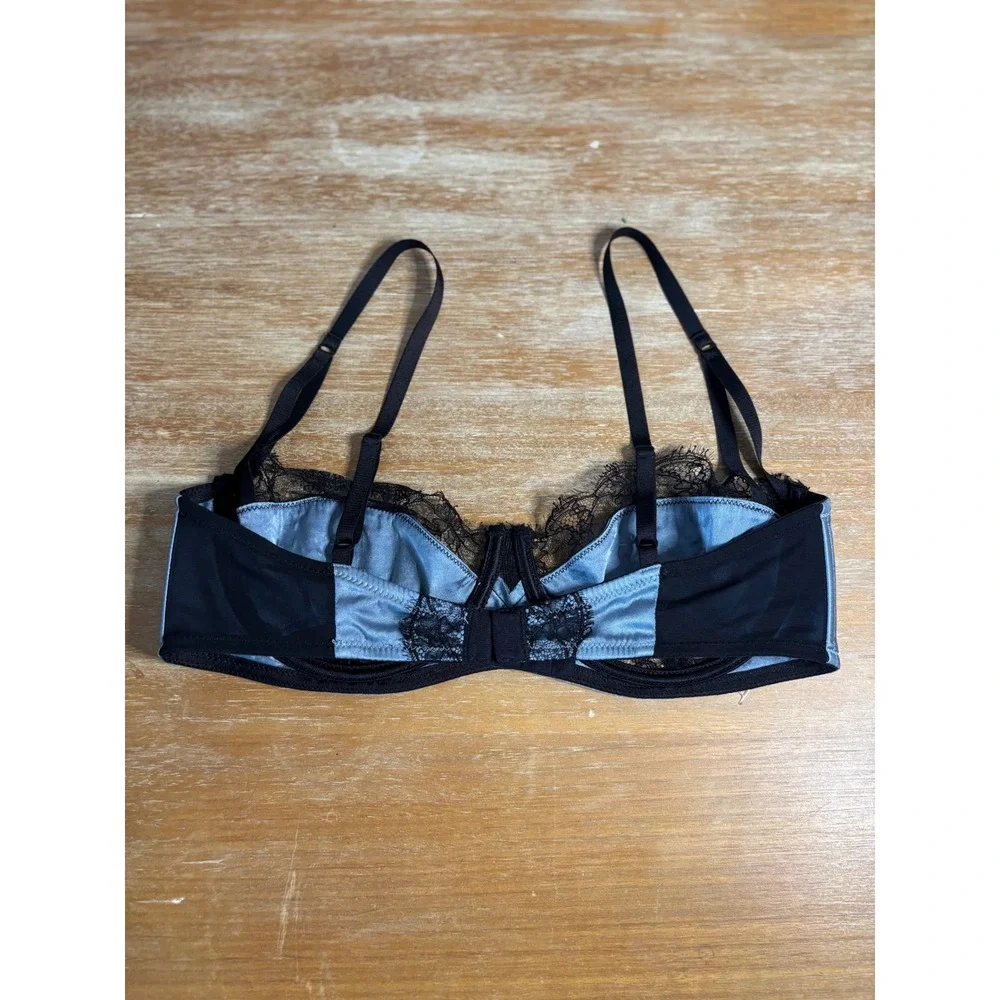 Kiki de Montparnasse Silk Lace Demi Bra Blue Black 34D Underwire Lingerie USA